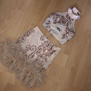 Banjul Blush Sequin Two-Piece Crop Top & Feather Mini Skirt